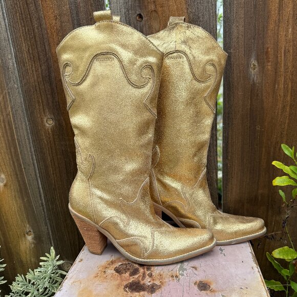 Penny Loves Kenny Gold Leather Western Cowgirl Boots Rodeo Drive 6.5 - Picture 1 of 13
